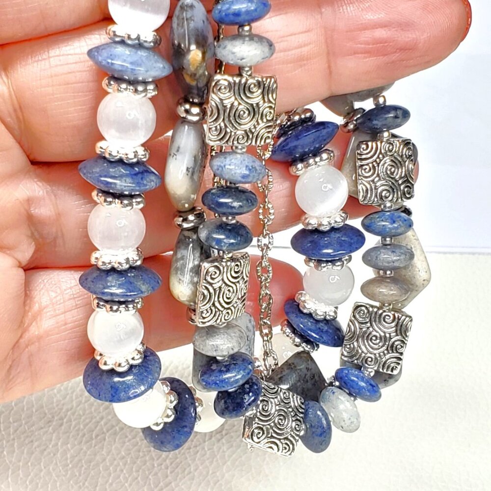 Three Layer Blue Gemstone Bracelet Statement Clus… - image 7